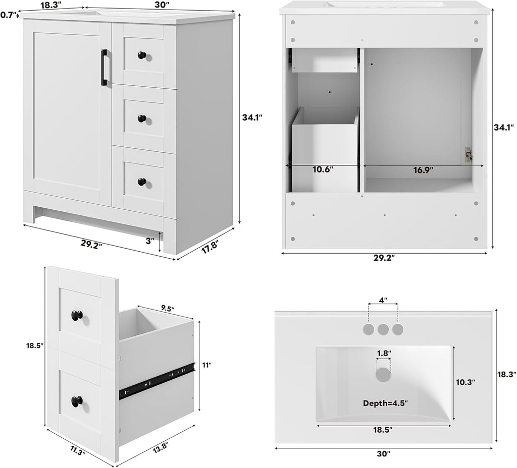 LIKIMIO 30" Bathroom Vanity with Sink, Freestanding Bathroom Vanity with 1 Soft-Close Door & 2 Drawers, Integrated Rectangular Ceramic Sink, Modern Bathroom Storage Cabinet, Easy Assembly, White