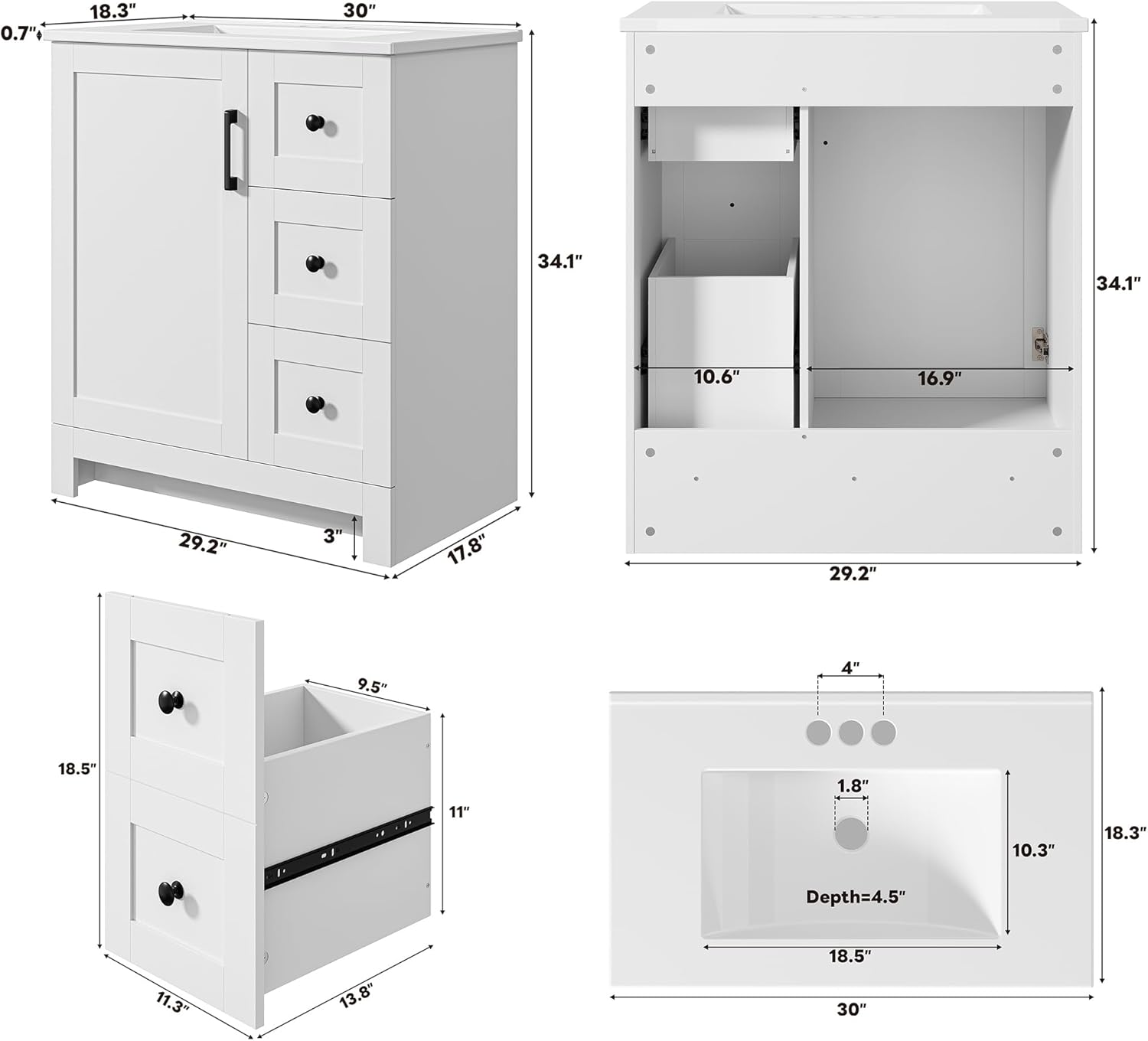 LIKIMIO 30" Bathroom Vanity with Sink, Freestanding Bathroom Vanity with 1 Soft-Close Door & 2 Drawers, Integrated Rectangular Ceramic Sink, Modern Bathroom Storage Cabinet, Easy Assembly, White