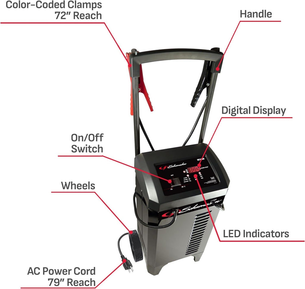 Schumacher Electric Wheeled Automatic 6A Car Battery Charger and 300A Engine Starter, 4-in-1 Solution, Maintainer, 60A Boost, for 6V/12V Power Sport, Automotive, and Marine Batteries, SC1400