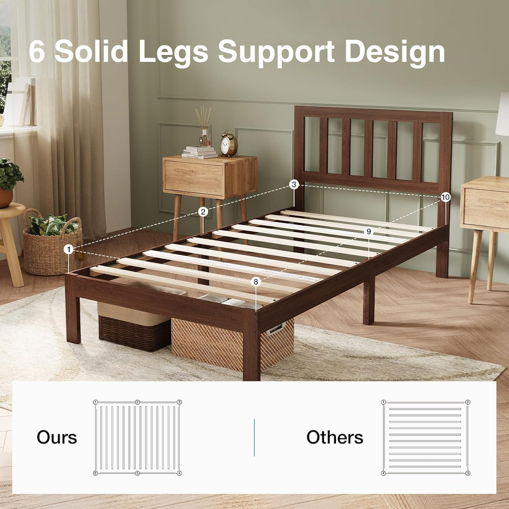 Novilla 12 Inch Twin Bed Frames Wood Twin Size Bed Frame with Classic Headboard Solid Wooden Twin BedFrame No Box Spring Needed, Easy Assembly,Walnut
