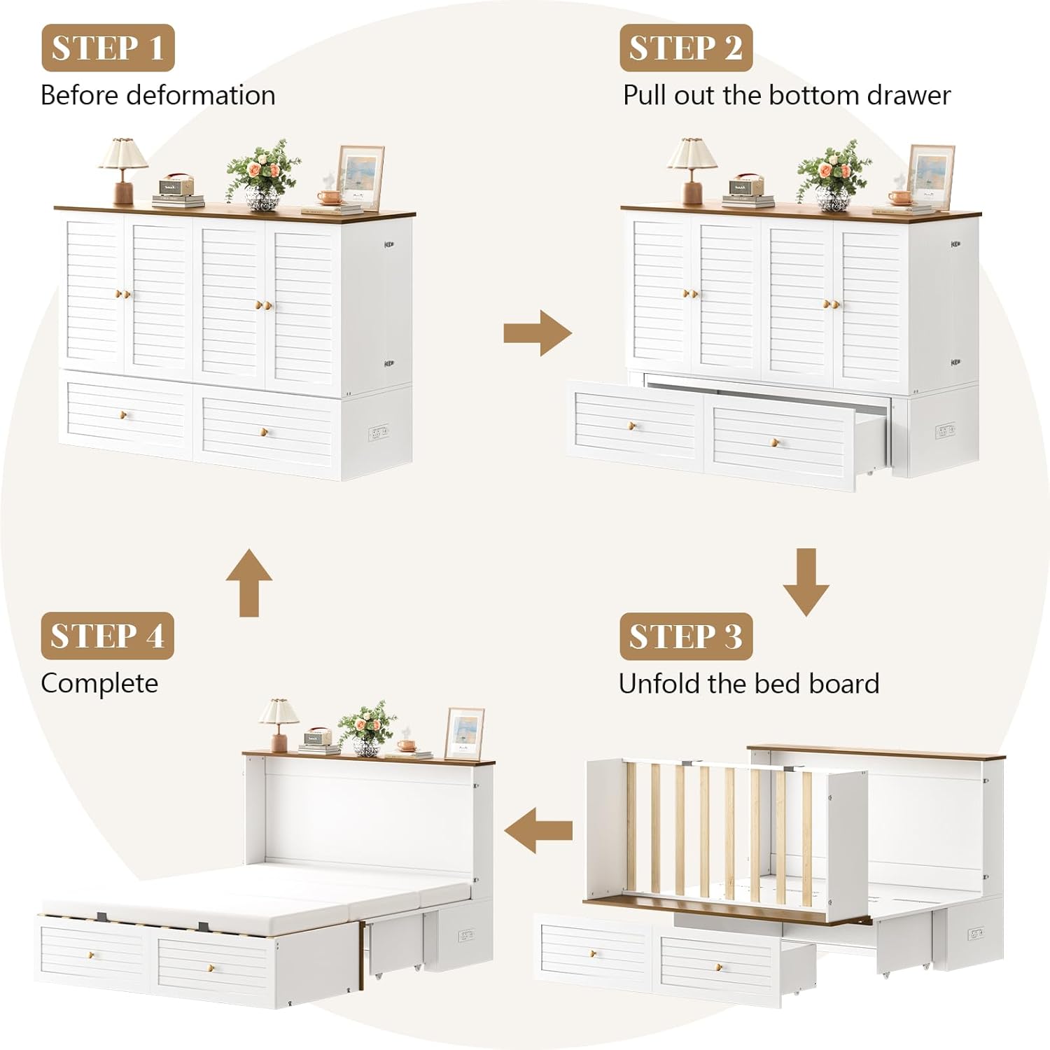 Yoobure Queen Murphy Bed with Charging Station - Modern Queen Bed Frame with Storage, Foldable Platform Cabinet Beds with Drawer, Wood Hideway Bedframe for Guest & Living Room, Bedroom, Office, White