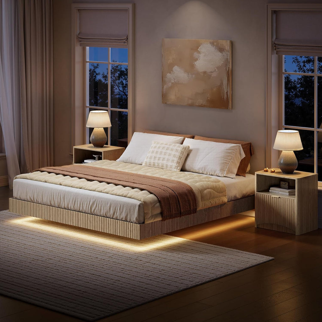 Evermagin Bedroom Furniture Set-Bed with 2 Nightstands, Mid Century Modern Bedroom Set, Floating Bed Frame Led Lights, Fluted Floating Room Furnitures, 3-Piece Room Set (Nbh, Queen)