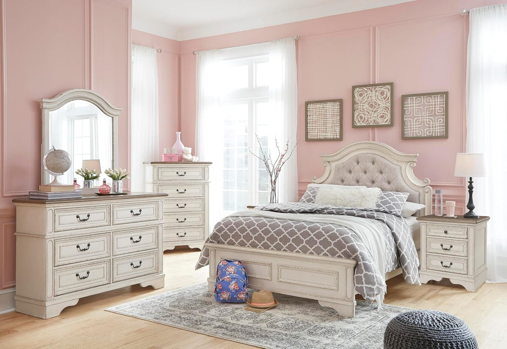 Signature Design by Ashley Realyn French Country 3 Drawer Nightstand with Electrical Outlets & USB Ports, 27.75" Tall, Chipped White