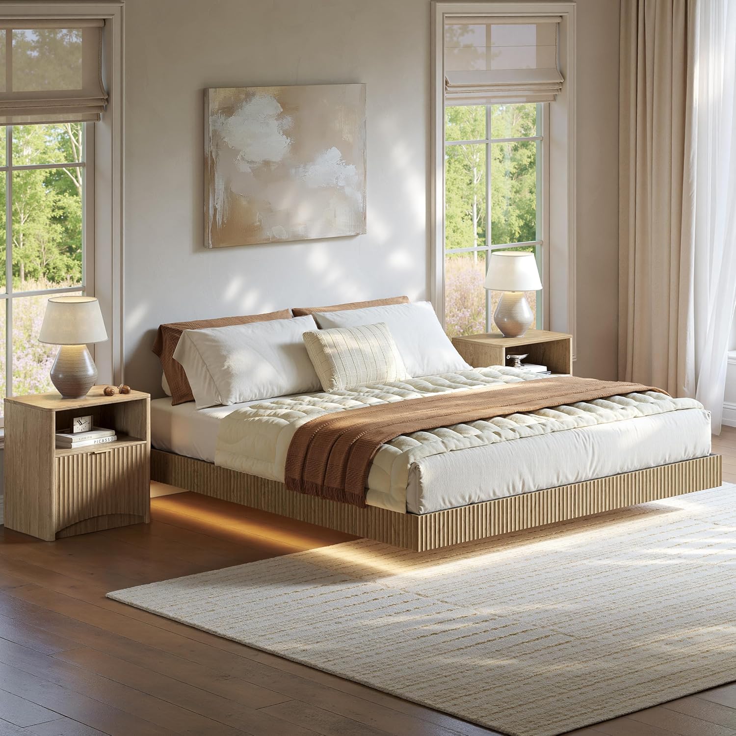 Evermagin Bedroom Furniture Set-Bed with 2 Nightstands, Mid Century Modern Bedroom Set, Floating Bed Frame Led Lights, Fluted Floating Room Furnitures, 3-Piece Room Set (Nbh, Queen)