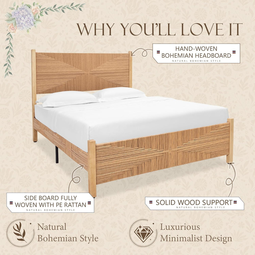 Yechen Solid Wood Rattan Queen Bed Frame with Tall Headboard and Footboard, Mid Century Modern Hand-Woven Rattan Bedframe with Vintage Pattern, Boho Wooden Bed with Metal Slats, No Box Spring Needed