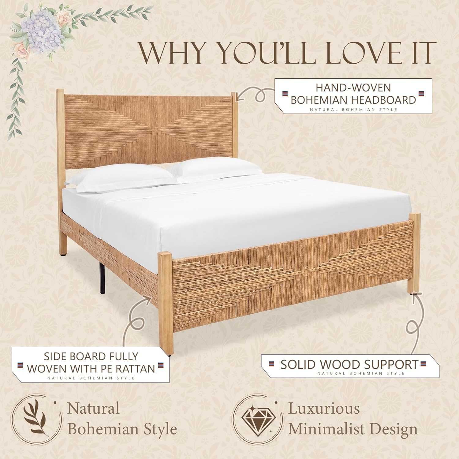 Yechen Solid Wood Rattan Queen Bed Frame with Tall Headboard and Footboard, Mid Century Modern Hand-Woven Rattan Bedframe with Vintage Pattern, Boho Wooden Bed with Metal Slats, No Box Spring Needed