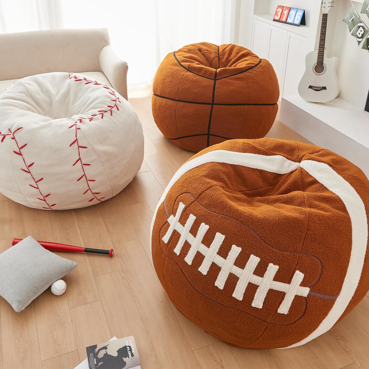 Sports Basketball Bean Bag Chair - Giant Bean Bag Chairs for Adults and Kids - Oversized Bean Bag Sofa Couch with Filler - Plush BeanBag Furniture for Living Room Bedroom Dorm Office - 44 Inch