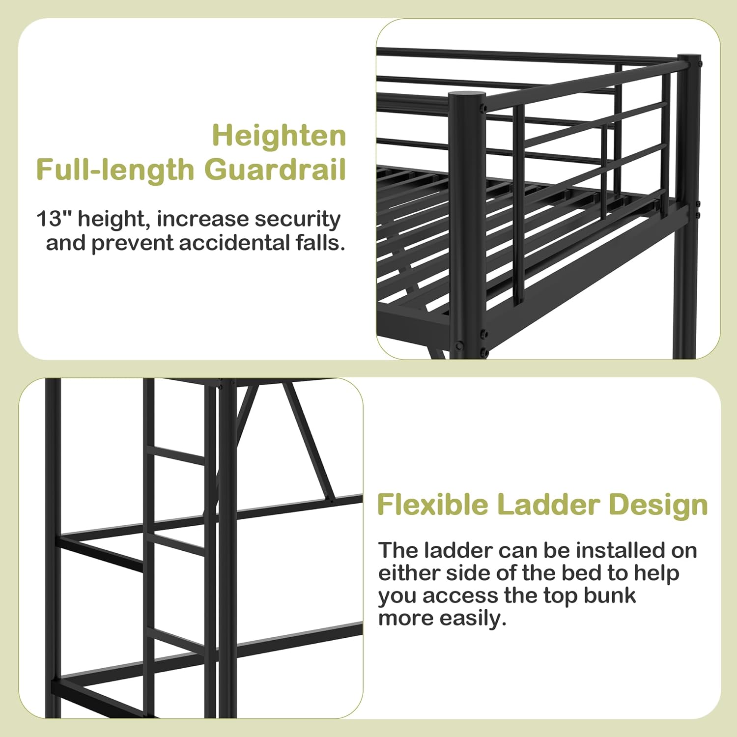 VECELO Metal Loft Bed Twin Size, Heavy Duty Bedframe with Removable Ladder and Safety Guardrail, Space-Saving, Noise Free, No Box Spring Needed, Matte Black