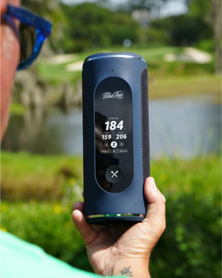 Blue Tees Golf Player+ AI-Powered GPS Speaker - Touchscreen Display, 10+ Hour Battery, 40,000+ Courses, Visual & Audible Distances, Hazard Detection, IPX7 Waterproof (Navy)