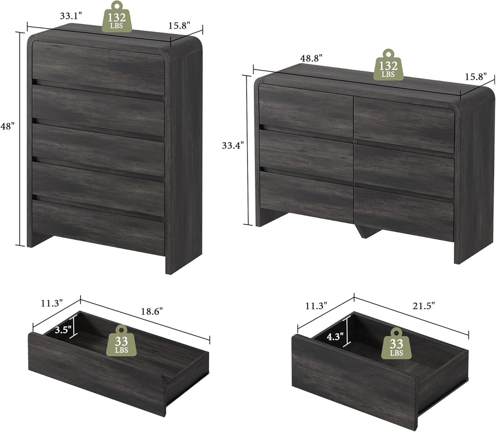 Modern 4-Piece Bedroom Furniture Set with 5-Drawer Dresser, 6-Drawer Dresser and 2 Nightstands, Large Storage Capacity, Rounded Corners, Flexible Combination Design, Anti-Tip Kit Included, Black