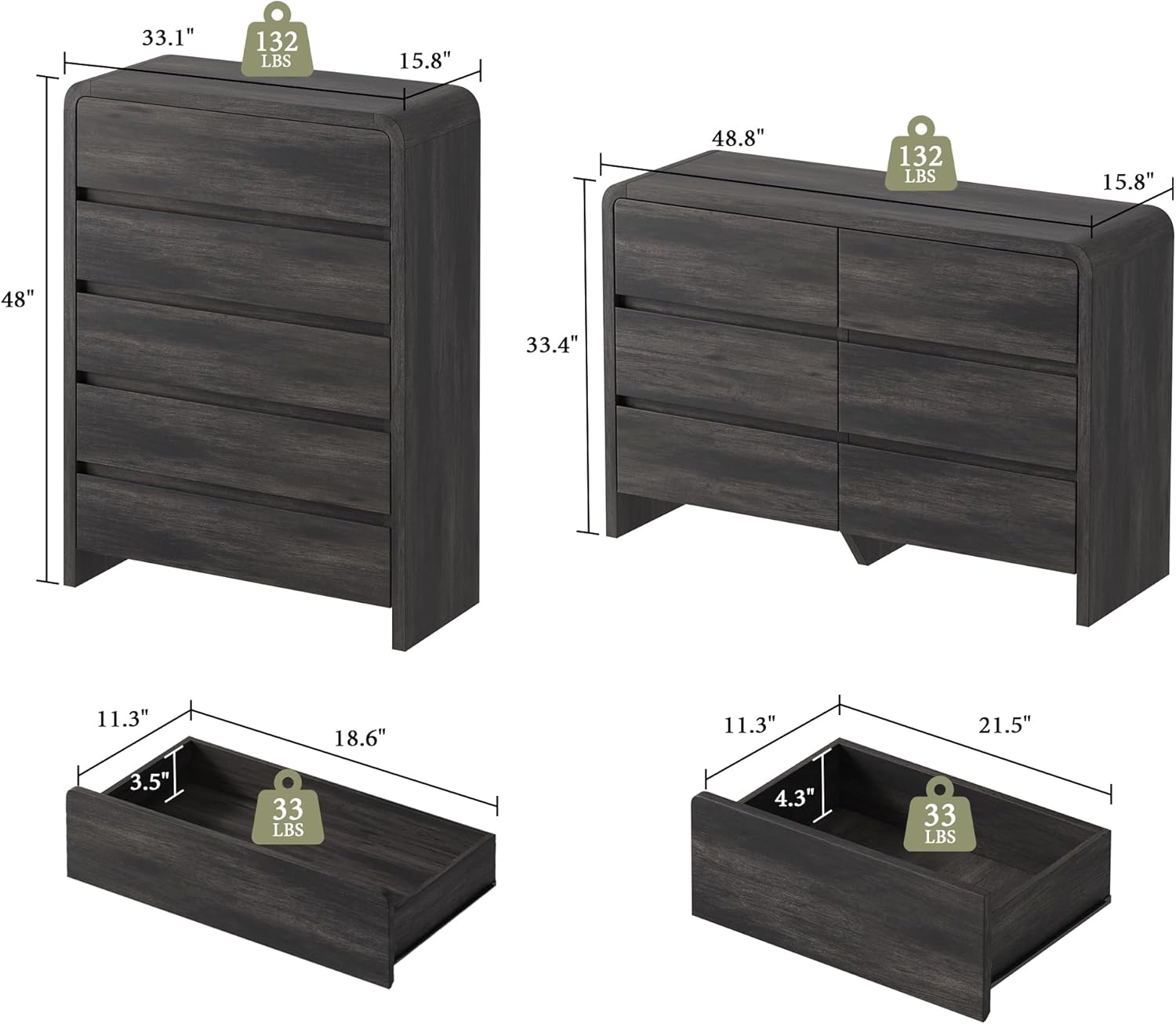 Modern 4-Piece Bedroom Furniture Set with 5-Drawer Dresser, 6-Drawer Dresser and 2 Nightstands, Large Storage Capacity, Rounded Corners, Flexible Combination Design, Anti-Tip Kit Included, Black