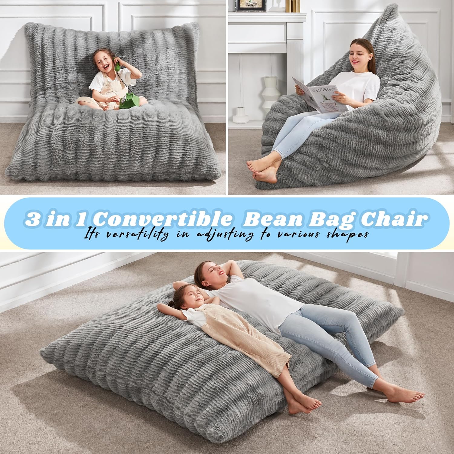 Hobestluk 3 in 1 Bean Bag Chair Giant Bean Bag Chairs for Adults with Ripple Cover Convertible Bean Bag Floor Cushion with Machine Washable Cover for Living Room (Ripple Grey)
