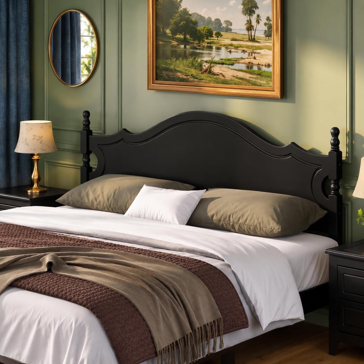 Merax Retro Wood Platform Bed with High Headboard, King Bed Frame with Sturdy Legs/No Box Spring Needed/Easy Assemble Black