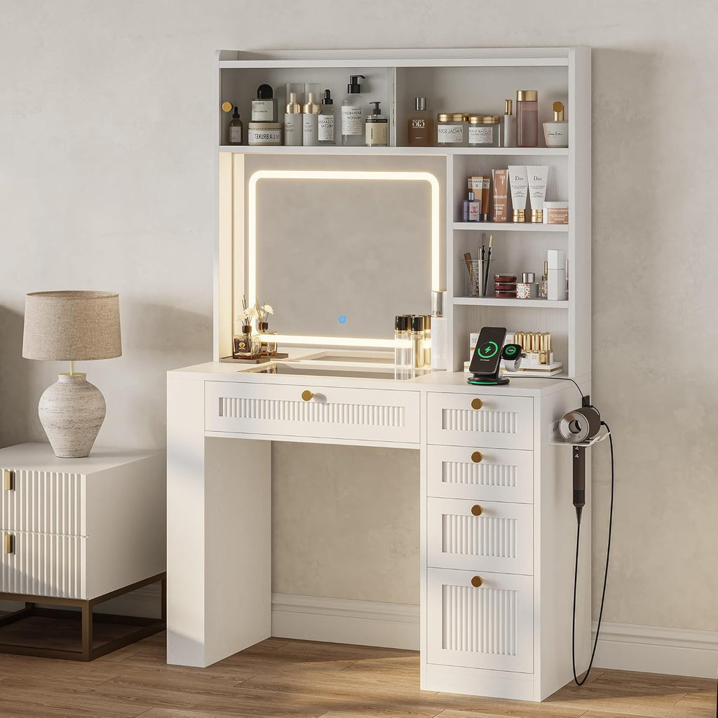 IRONCK Vanity Desk with LED Lighted Mirror, 3-Color Dimmable Makeup Vanity with Glass Top & Charging Station & Hair Dryer Holder, 4 Drawers & Open Shelves, 63" H Vanity for Bedroom, White