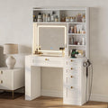 IRONCK Vanity Desk with LED Lighted Mirror, 3-Color Dimmable Makeup Vanity with Glass Top & Charging Station & Hair Dryer Holder, 4 Drawers & Open Shelves, 63" H Vanity for Bedroom, White
