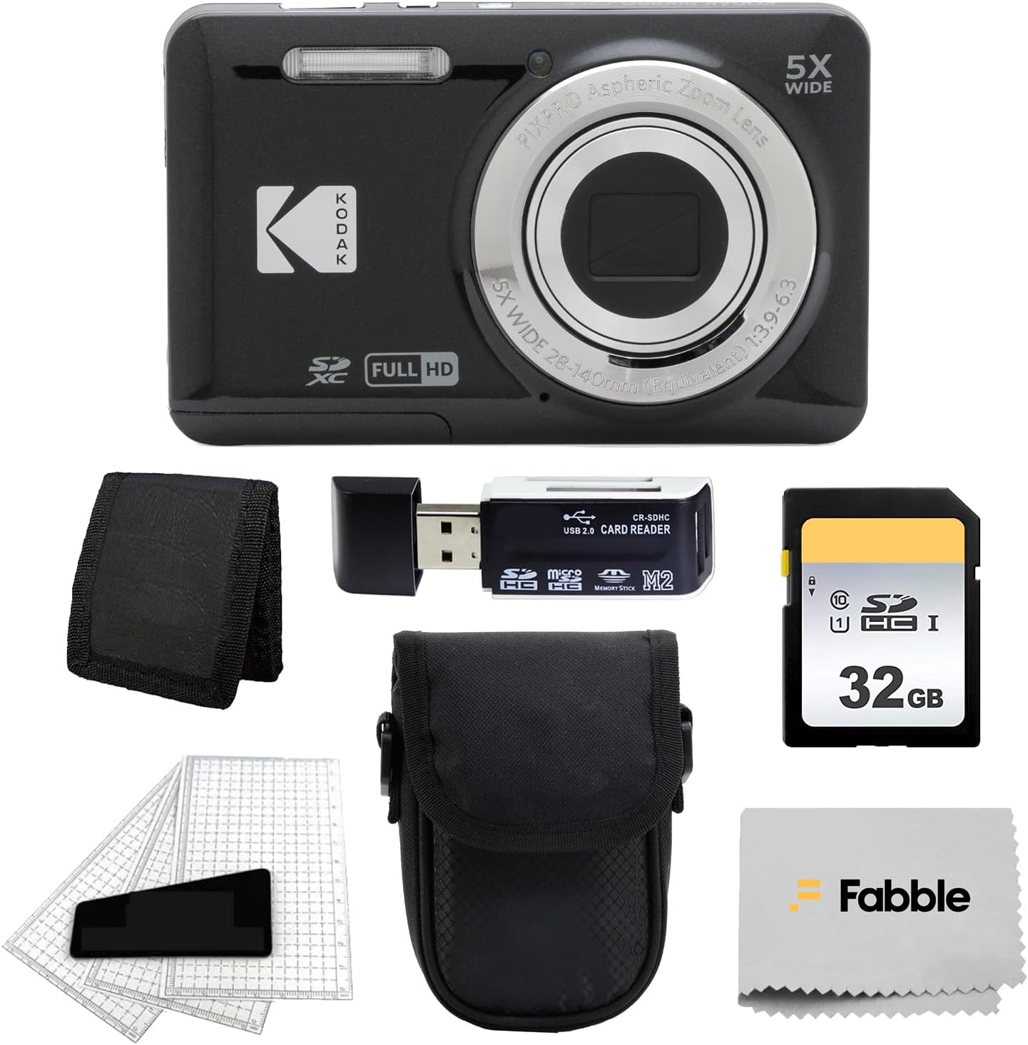 Kodak PIXPRO FZ55 Digital Camera (Black) + Black Point & Shoot Camera Case + Transcend 64GB SD Memory Card + Tri-fold Memory Card Wallet + Hi-Speed SD USB Card Reader + More!