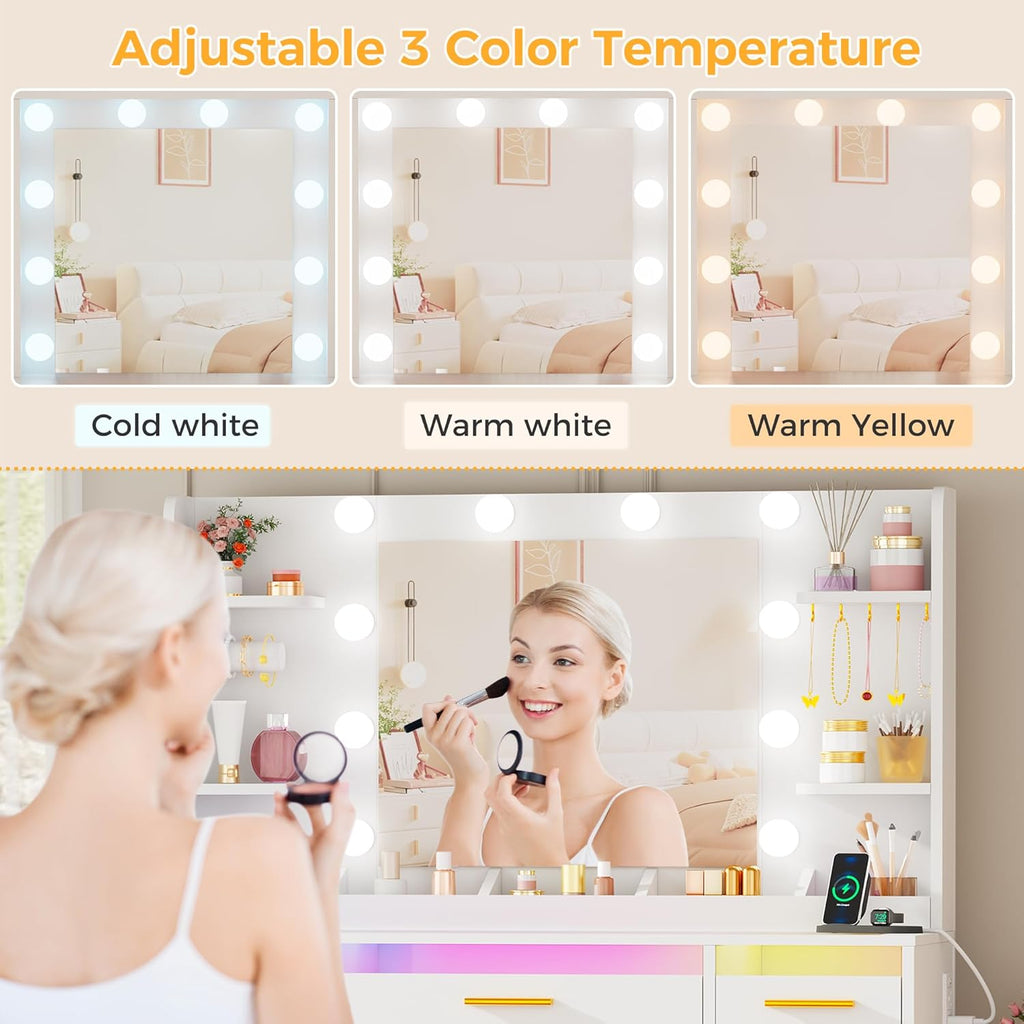 ANWBROAD Vanity Desk with Mirror and Lights 3 Colors Large Makeup Vanity Table Set Transparent Glass Top with 9 RGB Drawers, 4 Shelves Vanity Desk with Stool Power Outlet White Bedroom Women UBDT94W