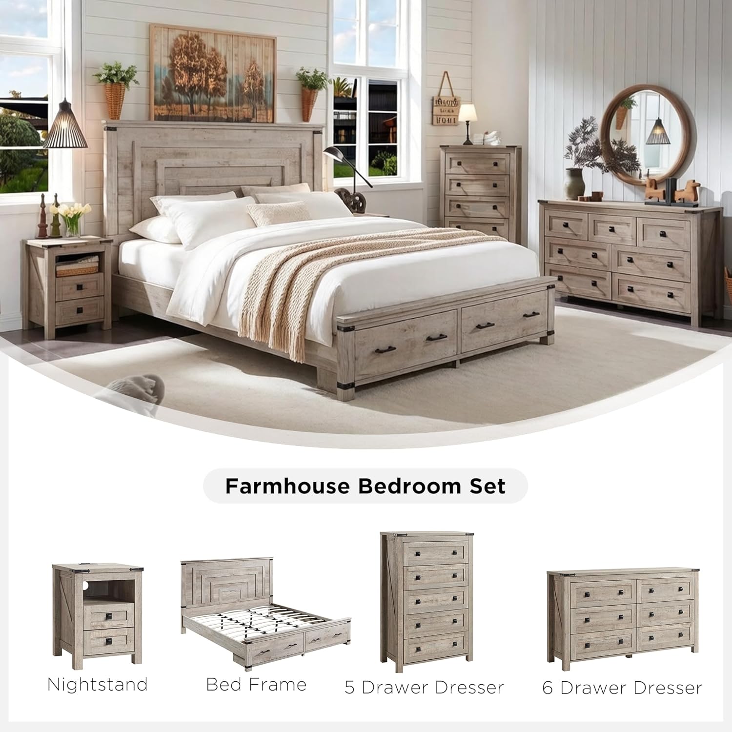 T4TREAM Farmhouse Queen Size Bed Frame with 54" Tall Geometric Headboard & 2 Large Storage Drawers, Rustic Wood Platform Bed with Wood Slats Support, No Box Spring Needed, Light Rustic Oak