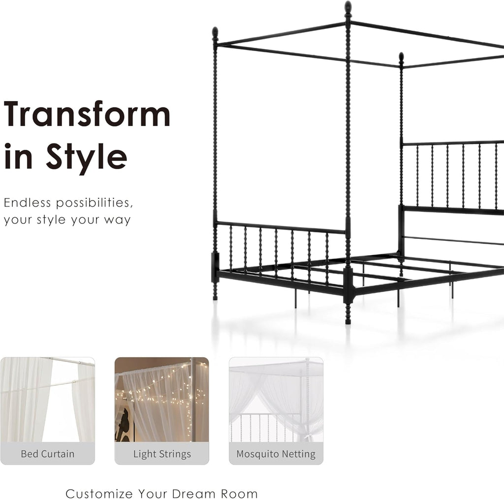 Furniture of America Vaeli Modern Metal King Size Four Poster Bed Frame with Spindles, Canopy Bedframe for Bedroom, Guest Room, Box Spring Required, Black