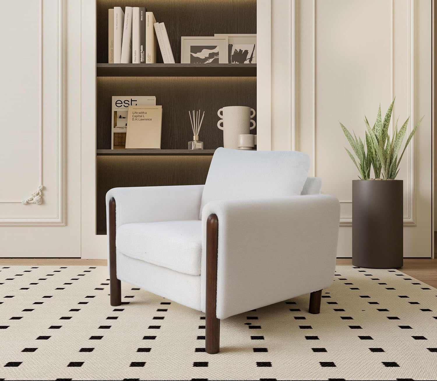 GDFStudio Teddy Fabric Accent Chair with Curved Armrests, Upholstered Single Sofa Chair with Walnut Wood Legs & Back Pillow, Comfy Reading Chair for Living Room Bedroom, White