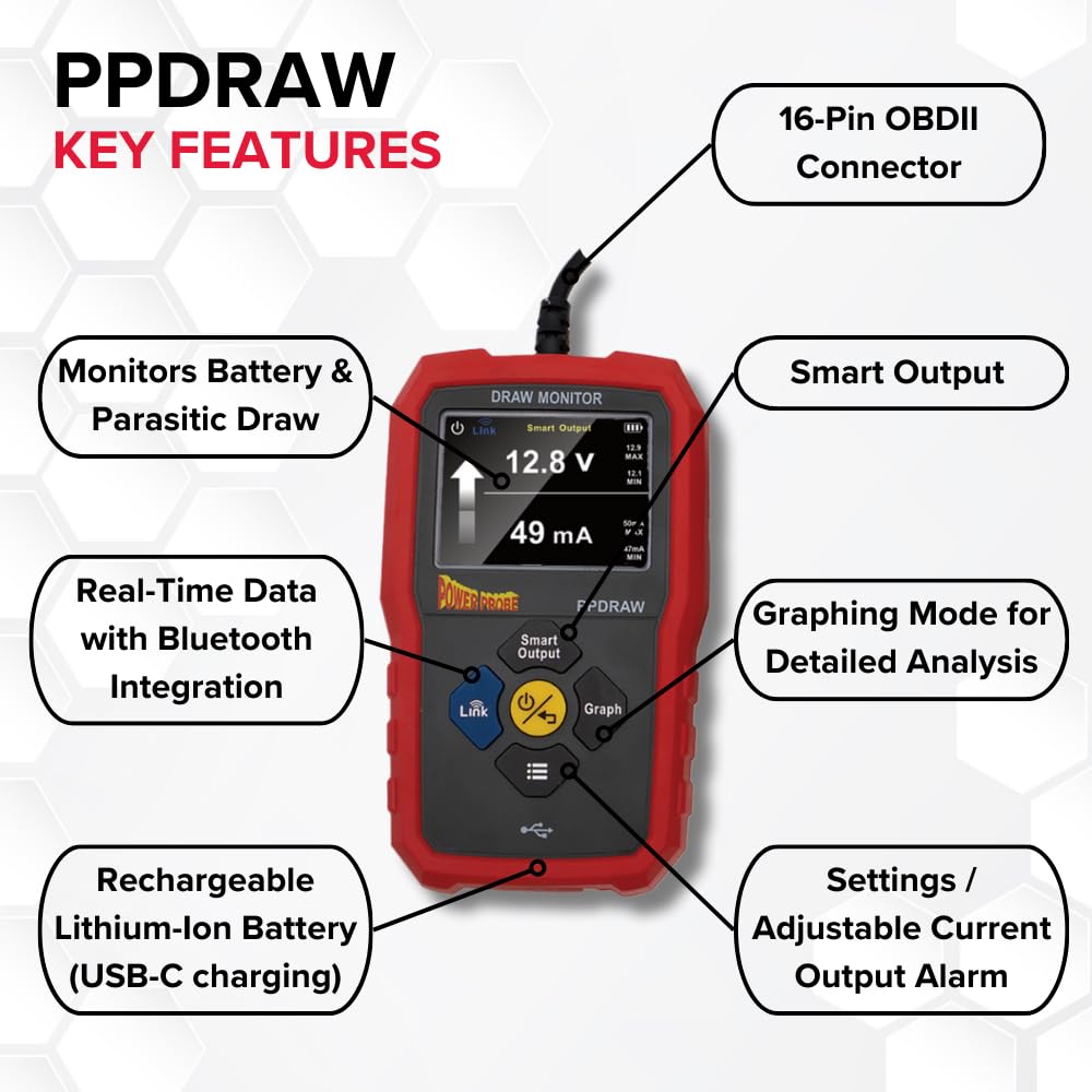 Power Probe PPDRAW Automotive Battery Voltage and Parasitic Draw Monitor with OBDII Connection