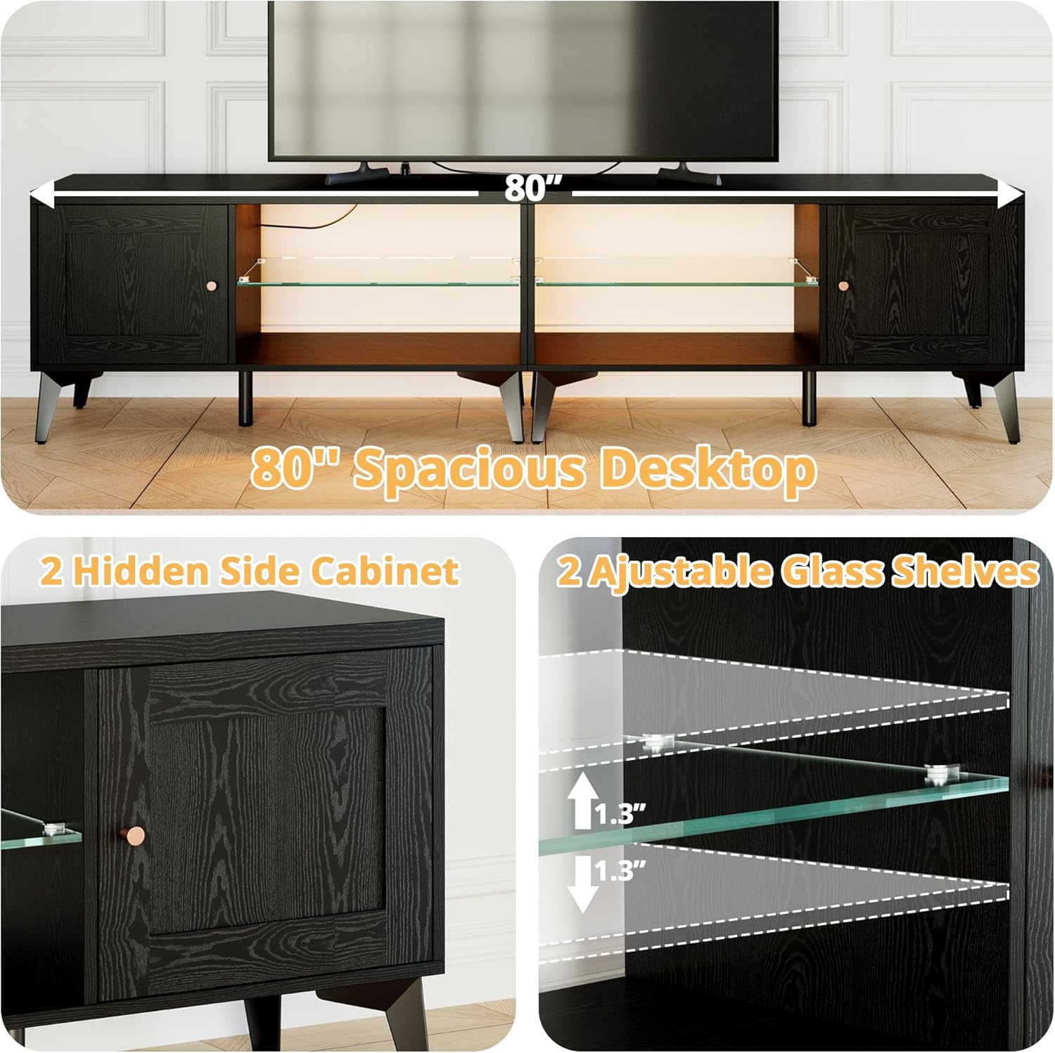 LIKIMIO 2-in-1 TV Stand for 85 Inch TV, Black TV Consoles with LED Lights & Charging Station, Entertainment Center with Storage Cabinets & Adjustable Glass Shelves, TV Table for Living Room & Bedroom