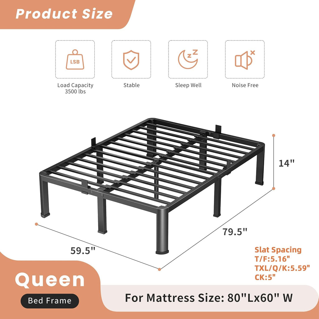 VIPSHOW 14 Inch Queen Heavy Duty 3500 lbs Bed Frame with Round-Corner Legs & Anti-Squeak Design – Quick Assembly Metal Platform, No Box Spring Needed