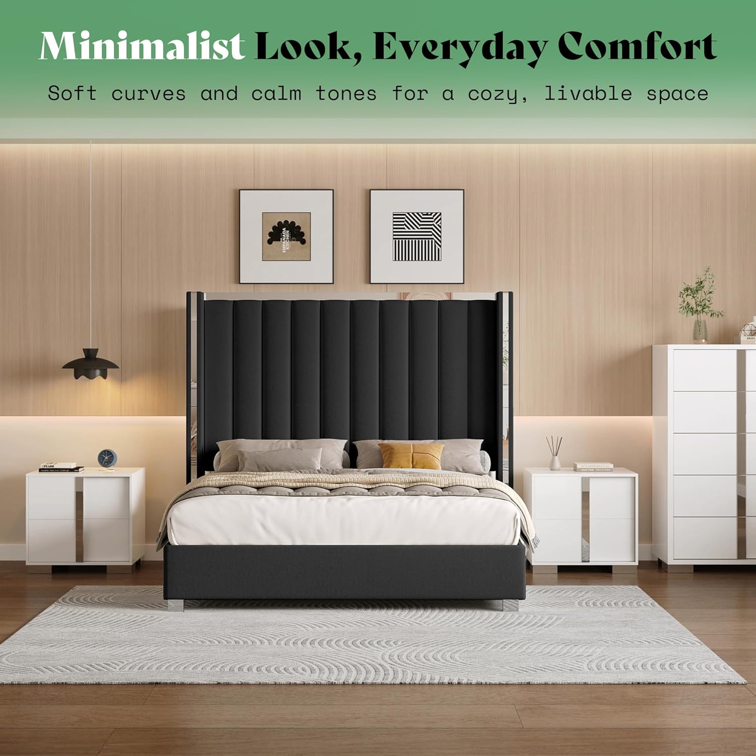 AMERLIFE 3-Piece Modern Bedroom Set King – Black Upholstered Bed Frame with 58" Wingback Headboard and 2 White Nightstands