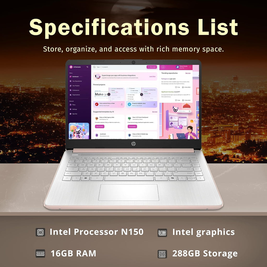 HP Stream 14" HD BrightView Laptop, Intel Celeron N150, 16GB RAM, 288GB Storage (128GB UFS + 160GB Docking Station Set), Intel UHD Graphics, 720p Webcam, Wi-Fi, 1 Year Office 365, Win 11 S, Gold