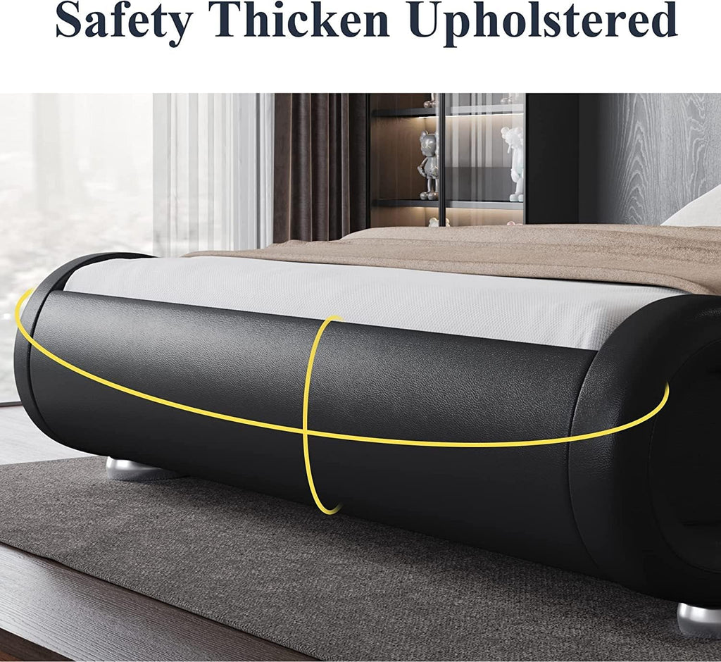 Allewie Queen Size Bed Frame with Ergonomic & Adjustable Headboard, Low Profile Modern Upholstered Platform Sleigh Design - Easy Assembly, No Box Spring Required, Black