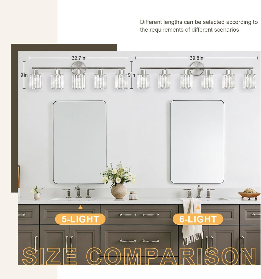 Crystal Bathroom Light Fixtures,Bathroom Lighting Fixtures Over Mirror, Modern 5-Light Brushed Nickel Vanity Lights for Mirror, Restroom,Kitchen(Ceramic E26 Socket,Bulbs Not Include)
