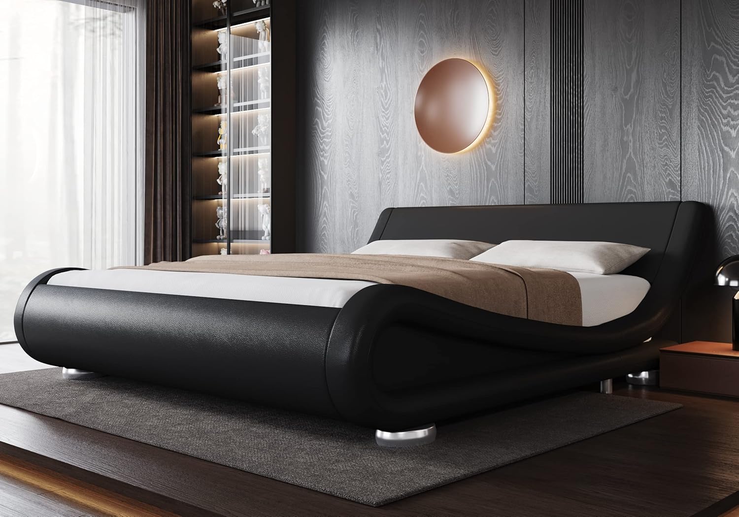 Allewie Queen Size Bed Frame with Ergonomic & Adjustable Headboard, Low Profile Modern Upholstered Platform Sleigh Design - Easy Assembly, No Box Spring Required, Black