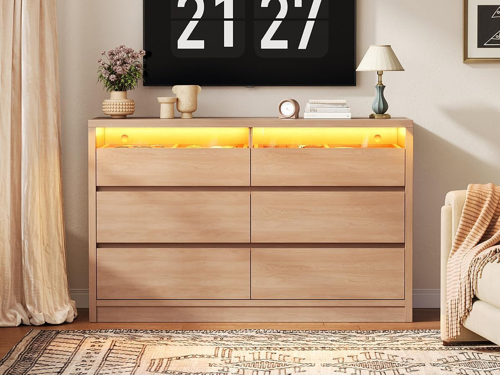 Jocoevol Modern LED 6 Drawer Dresser for Bedroom, Large Chest of Drawers with Hidden Handles, Long Double Wooden Dresser Closet for Living Room, Entryway, Hallway - Natural Oak