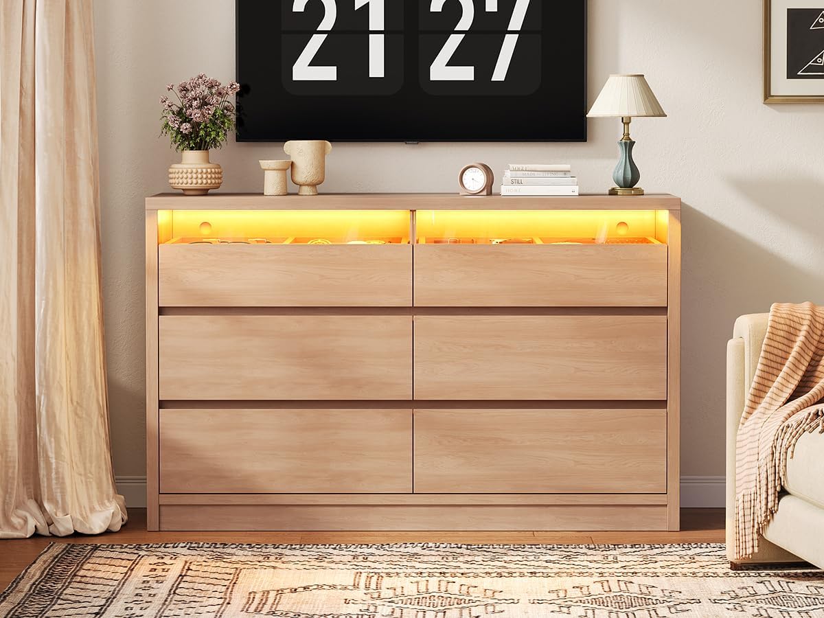 Jocoevol Modern LED 6 Drawer Dresser for Bedroom, Large Chest of Drawers with Hidden Handles, Long Double Wooden Dresser Closet for Living Room, Entryway, Hallway - Natural Oak