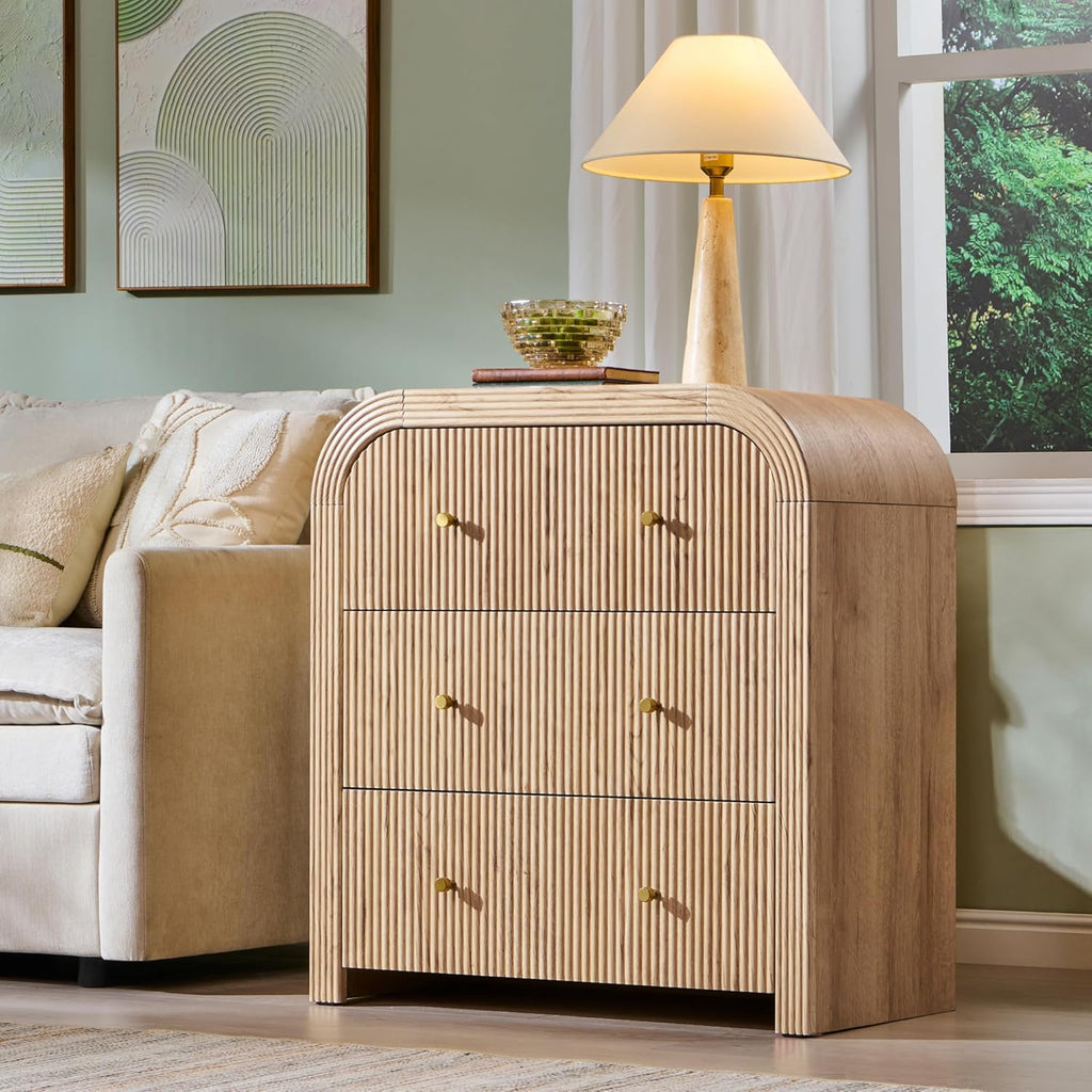 T4TREAM 32" Fluted Nightstand Set of 2, Large 3 Drawers Bedside Table with Charging Station, Modern End Table with Storage Night Stand for Bedroom, Living Room, Round Curved Corner Design, Natural Oak