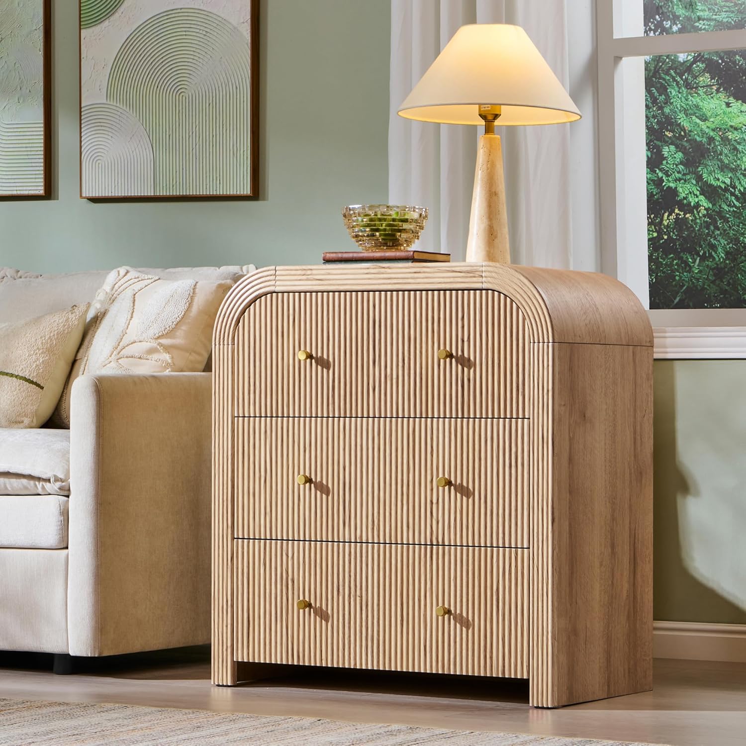 T4TREAM 32" Fluted Nightstand Set of 2, Large 3 Drawers Bedside Table with Charging Station, Modern End Table with Storage Night Stand for Bedroom, Living Room, Round Curved Corner Design, Natural Oak