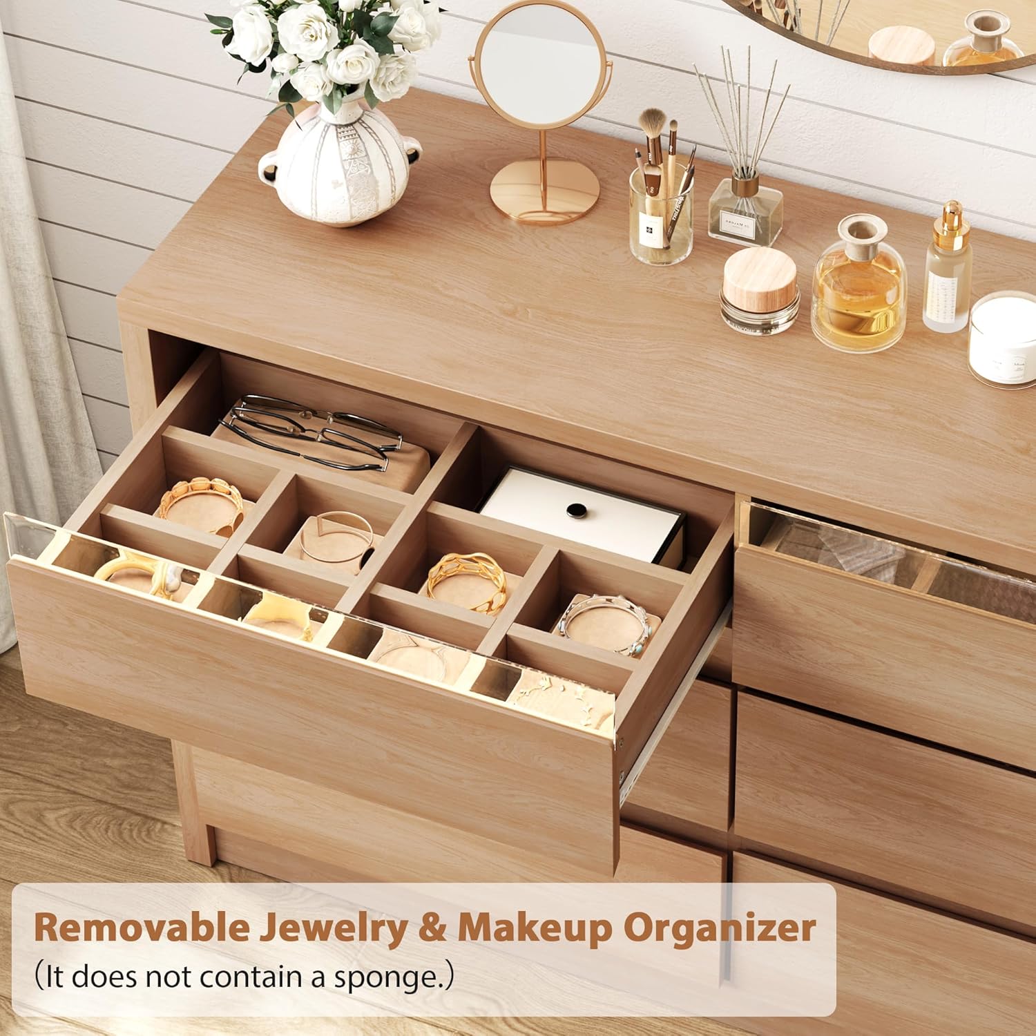 Jocoevol Modern LED 6 Drawer Dresser for Bedroom, Large Chest of Drawers with Hidden Handles, Long Double Wooden Dresser Closet for Living Room, Entryway, Hallway - Natural Oak
