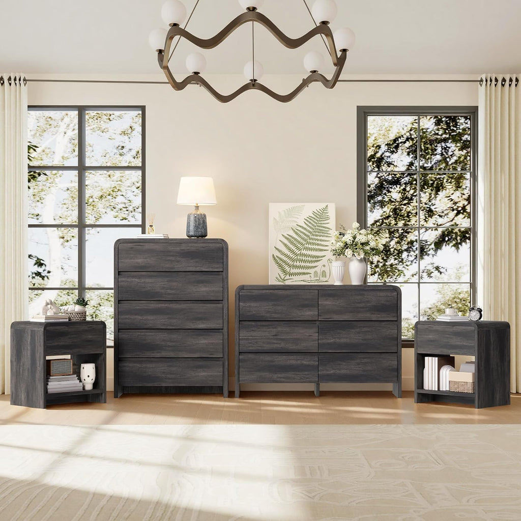 Modern 4-Piece Bedroom Furniture Set with 5-Drawer Dresser, 6-Drawer Dresser and 2 Nightstands, Large Storage Capacity, Rounded Corners, Flexible Combination Design, Anti-Tip Kit Included, Black