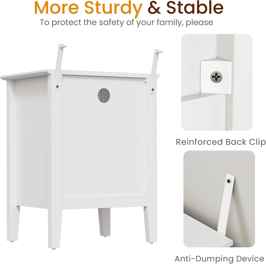 RoyalCraft Fluted Nightstand Set of 2 with Charging Station, White End Table with 2 Silent Slide Drawers & Storage Shelf, Modern Side Table, Wood Night Stand Cabinet for Bedroom