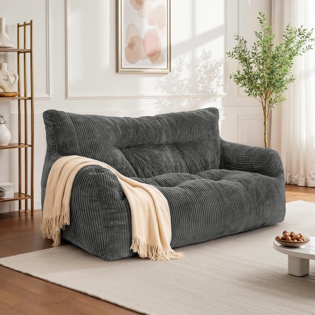 Pamapic 59" Bean Bag Chair,2 Seat Loveseat Sofa,Ultra Soft Dutch Velvet,Fluffy Comfort Washable Cover,Corduroy Lazy Sofa Bed for Adults,Fit Living Room, Bedroom,Outdoor Spaces,72h Rebound,Gray