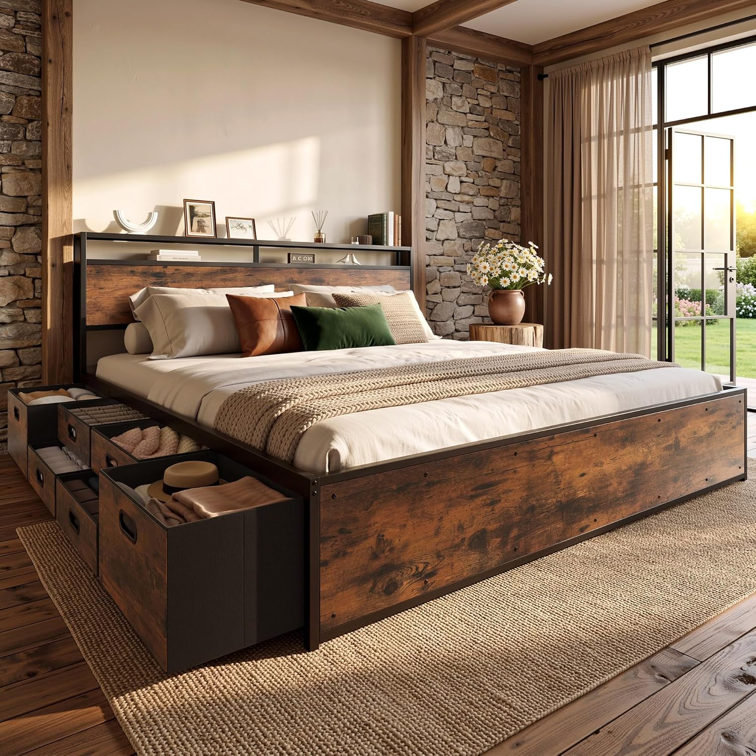 LIKIMIO King Bed Frame with 12 Fabric Storage Drawers, Industrial Platform Bed Frame with Headboard, No Box Spring Needed, Sturdy Metal Slat Support, Rustic Brown, Noise-Free, Easy Assembly