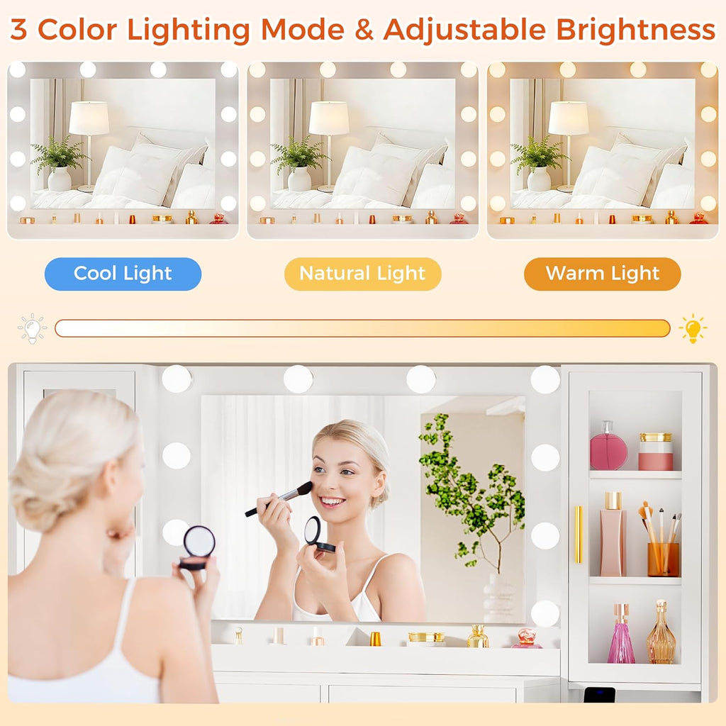 53.15" Large Vanity Desk with Mirror and Lights,White Makeup Vanity with Glass Top Power Outlet Vanity Table with 11 Drawers 6 Shelves Dressing Table Stool Set for Bedroom Women UXFST008W