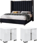 AMERLIFE 3-Piece Modern Bedroom Set King – Black Upholstered Bed Frame with 58" Wingback Headboard and 2 White Nightstands