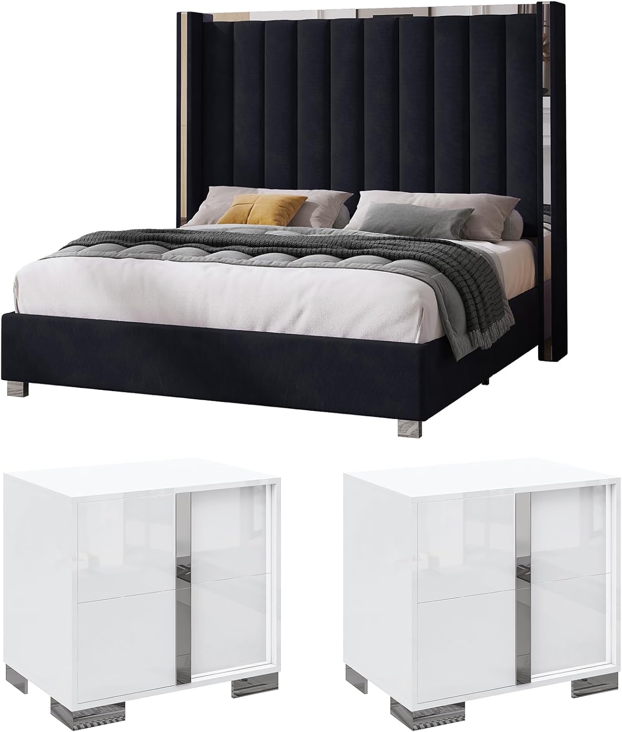 AMERLIFE 3-Piece Modern Bedroom Set King – Black Upholstered Bed Frame with 58" Wingback Headboard and 2 White Nightstands