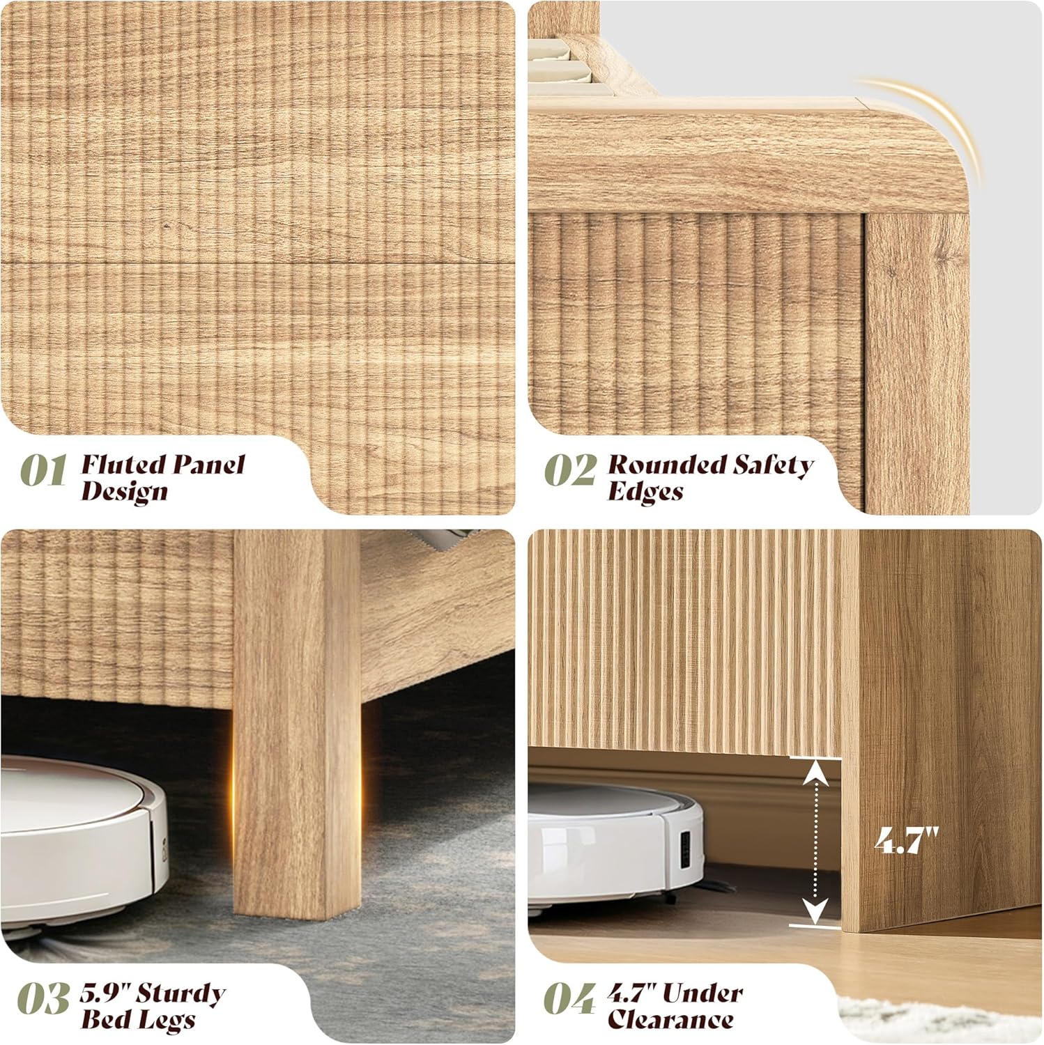 AMERLIFE 4-Piece Modern Fluted Bedroom Furniture Set, Including Wood Queen Size Bed Frame with Headboard & Footboard, 5 Drawer Tall Dresser, Storage Night Stand Set of 2, Natural Oak