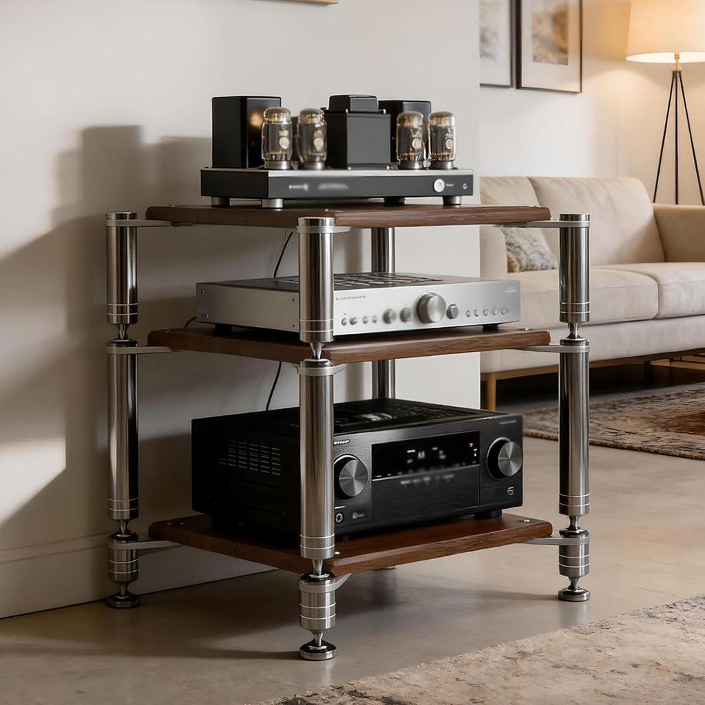 Heavy Duty AV Media Stand, AV Component Stand with Stainless Steel Bracket, Stereo Component Rack, Suitable for Living Rooms, Offices and Recording Studios (Black Walnut, 3-Tiers)