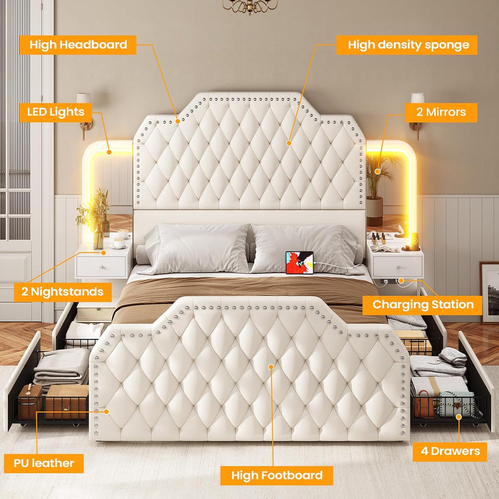 Itaar Queen Bed Frame with 53" Tall Headboard and 4 Storage Drawers, PU Leather Upholstered Platform Bed Frame, Built in Charging Station & Led, 2 Nightstands with Mirror, White