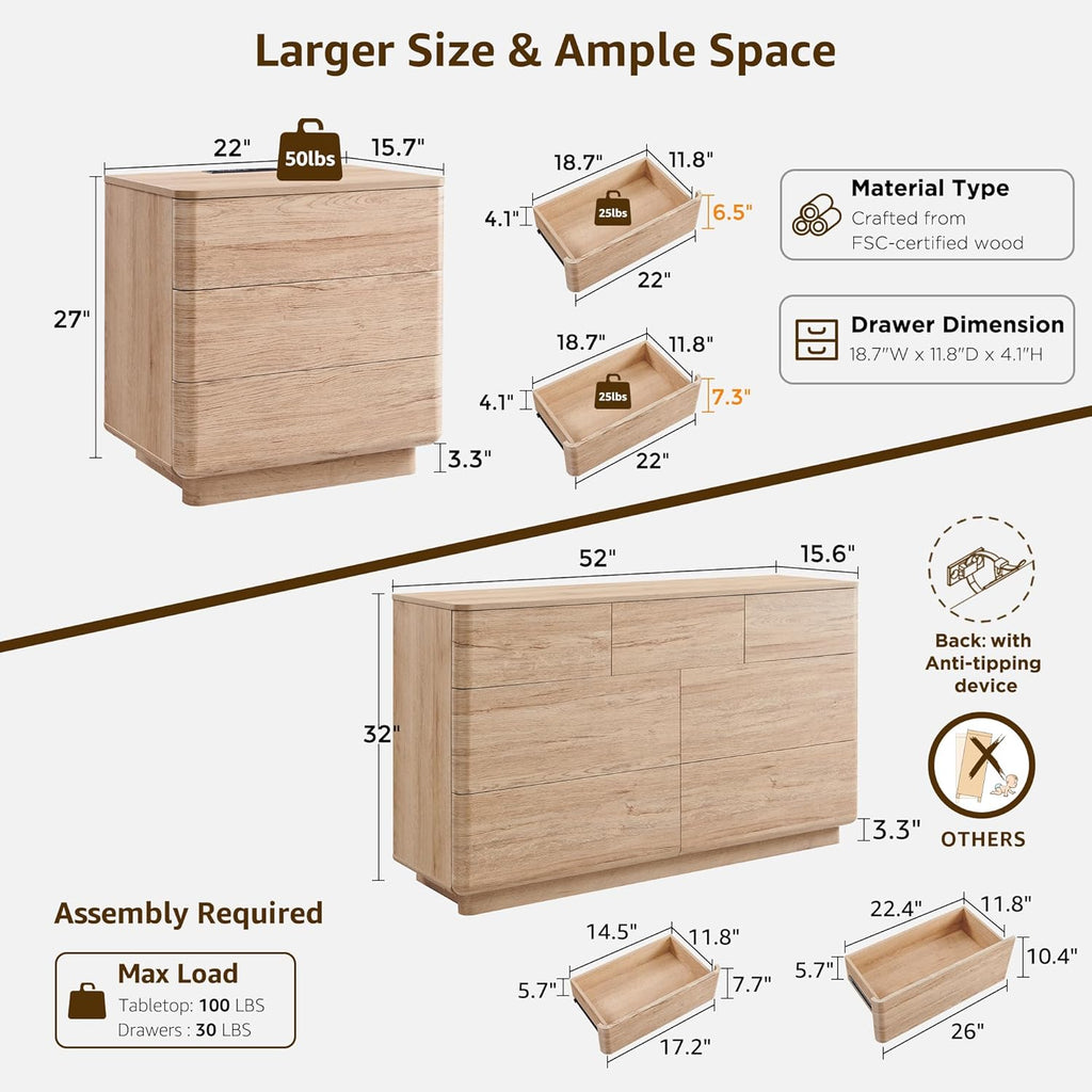 ACCOHOHO 3 Piece Bedroom Furniture Set, 7 Drawer Dresser (52" W) & Two 22" Nightstands, Modern Push-to-Open Drawers, Curved Profile, Dresser and Nightstand Sets for Bedroom, Natural Oak
