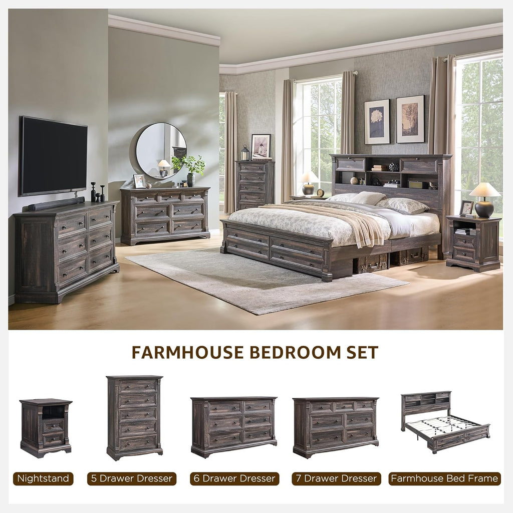 Farmhouse Queen Size Bed Frame with 54" Tall Headboard, Headboard with 4 Storage Rack, 2 Drawers, 18" Roman Column Decoration Footboard, Wood Platform Bed Frame, No Box Spring Needed(Dark Rustic Oak)
