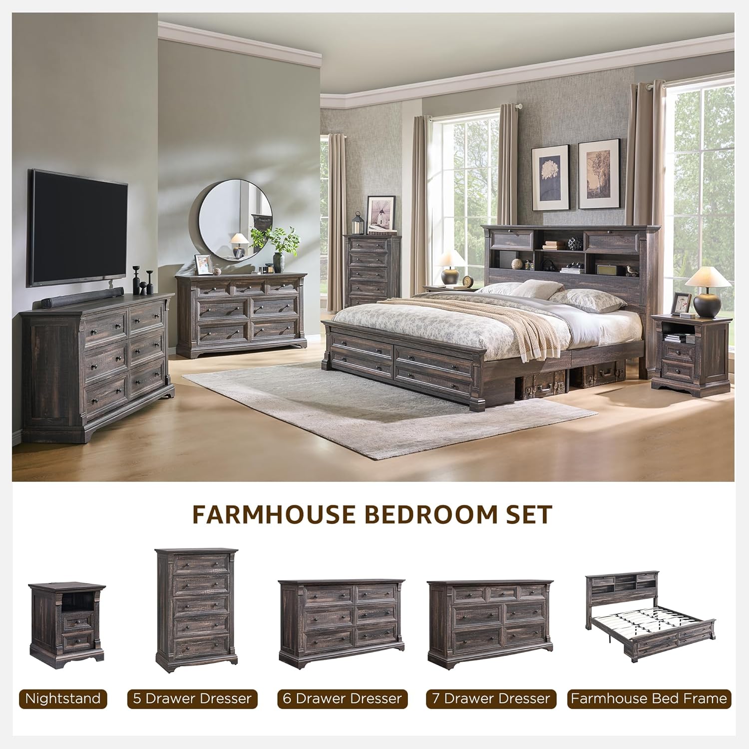 Farmhouse Queen Size Bed Frame with 54" Tall Headboard, Headboard with 4 Storage Rack, 2 Drawers, 18" Roman Column Decoration Footboard, Wood Platform Bed Frame, No Box Spring Needed(Dark Rustic Oak)